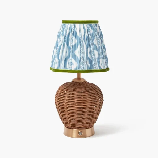 Rechargeable Table Lamps<Mrs. Alice Rattan Ursula Rechargeable Lamp with Blue & Green Ikat Shade (18cm)