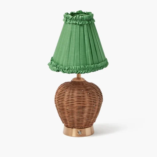Rechargeable Table Lamps<Mrs. Alice Rattan Ursula Rechargeable Lamp with Green Frilled Silk Shade (18cm)