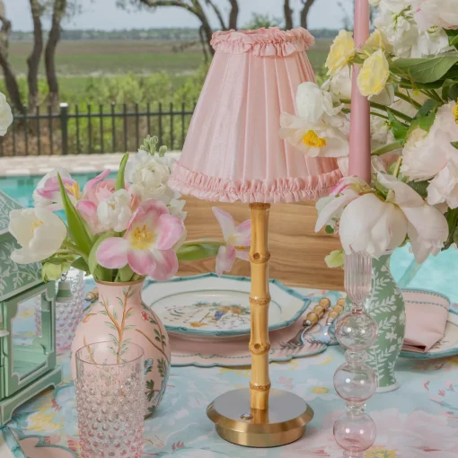 Rechargeable Table Lamps<Mrs. Alice Rechargeable Bamboo Lamp with Pale Pink Silk Frilled Shade (18cm)