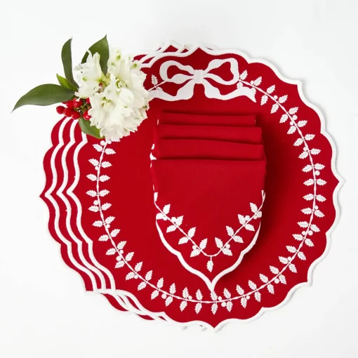 Table Linen Sets<Mrs. Alice Red Bow Laurel Placemats & Napkins (Set of 4)