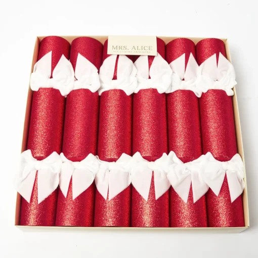 Christmas Decorations<Mrs. Alice Red Glitter Crackers With White Velvet Bows (Set of 6)