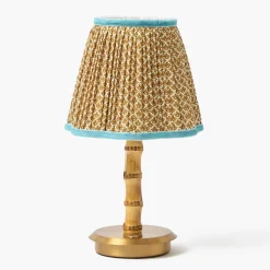 Rechargeable Table Lamps | Summer Lighting<Mrs. Alice Short Bamboo Rechargeable Lamp with Caramel & Blue Lotus Shade (18cm)