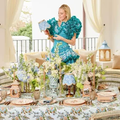 Rechargeable Table Lamps | Summer Lighting<Mrs. Alice Short Burnt Bamboo Rechargeable Lamp with Blue & Putty Ikat Shade (18cm)