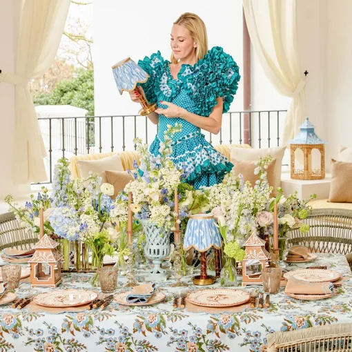 Rechargeable Table Lamps | Summer Lighting<Mrs. Alice Short Burnt Bamboo Rechargeable Lamp with Blue & Putty Ikat Shade (18cm)