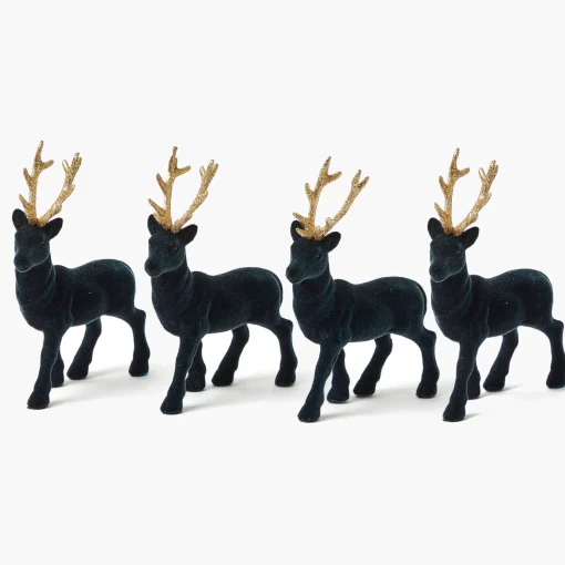 Christmas Decorations<Mrs. Alice Small Flocked Navy Reindeers with Gold Antlers (Set of 4)