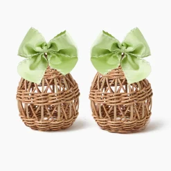 Spring Decorations<Mrs. Alice Small Rattan Woven Egg with Green Saddlestitch Bows (Pair)