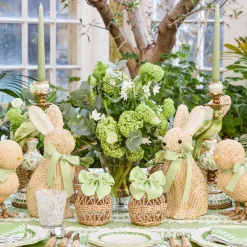 Spring Decorations<Mrs. Alice Small Rattan Woven Egg with Green Saddlestitch Bows (Pair)