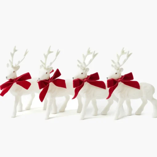 Christmas Decorations<Mrs. Alice Small White Flocked Reindeer with Velvet Bows (Set of 4)