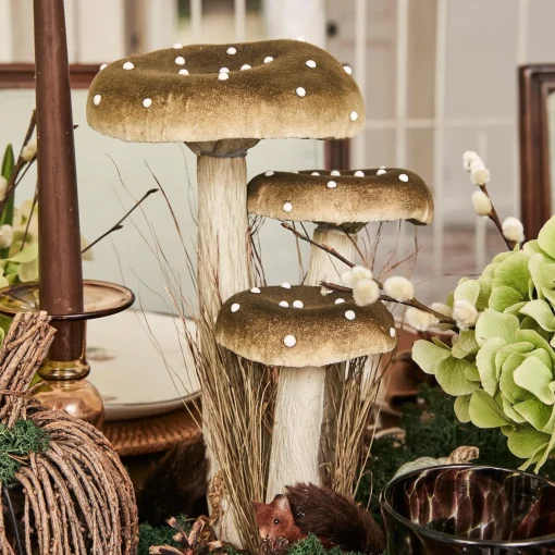 Year-round Decorations | Autumn Decorations<Mrs. Alice Tall Green Velvet Mushrooms (Set of 3)